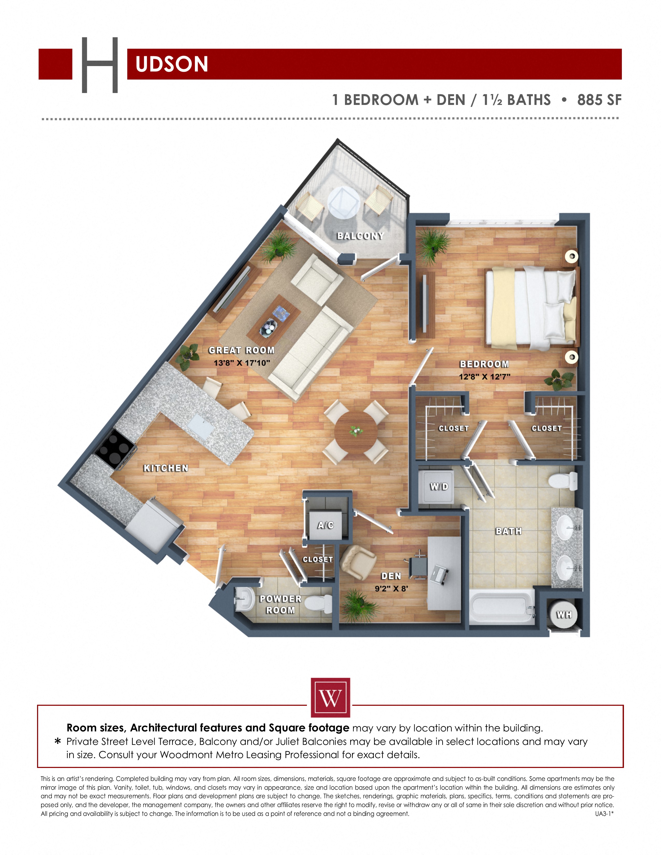 Floor plan for 1 bed, 1.5 baths, 885 sqft